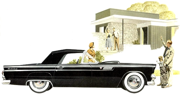 1955 Thunderbird with optional Convertible Fabric Top, White Sidewall Tires, Full Wheel Covers, and Rear Fender Shields Image: 1955 Thunderbird